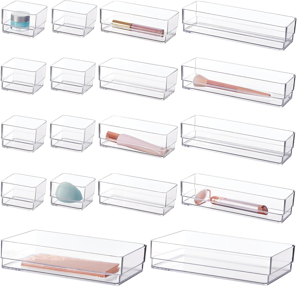 STORi SimpleSort 18-Piece Stackable Clear Drawer Organizer Set | Multi-size Trays | Makeup Vanity Storage Bins and Office Desk Drawer Dividers | Made in USA