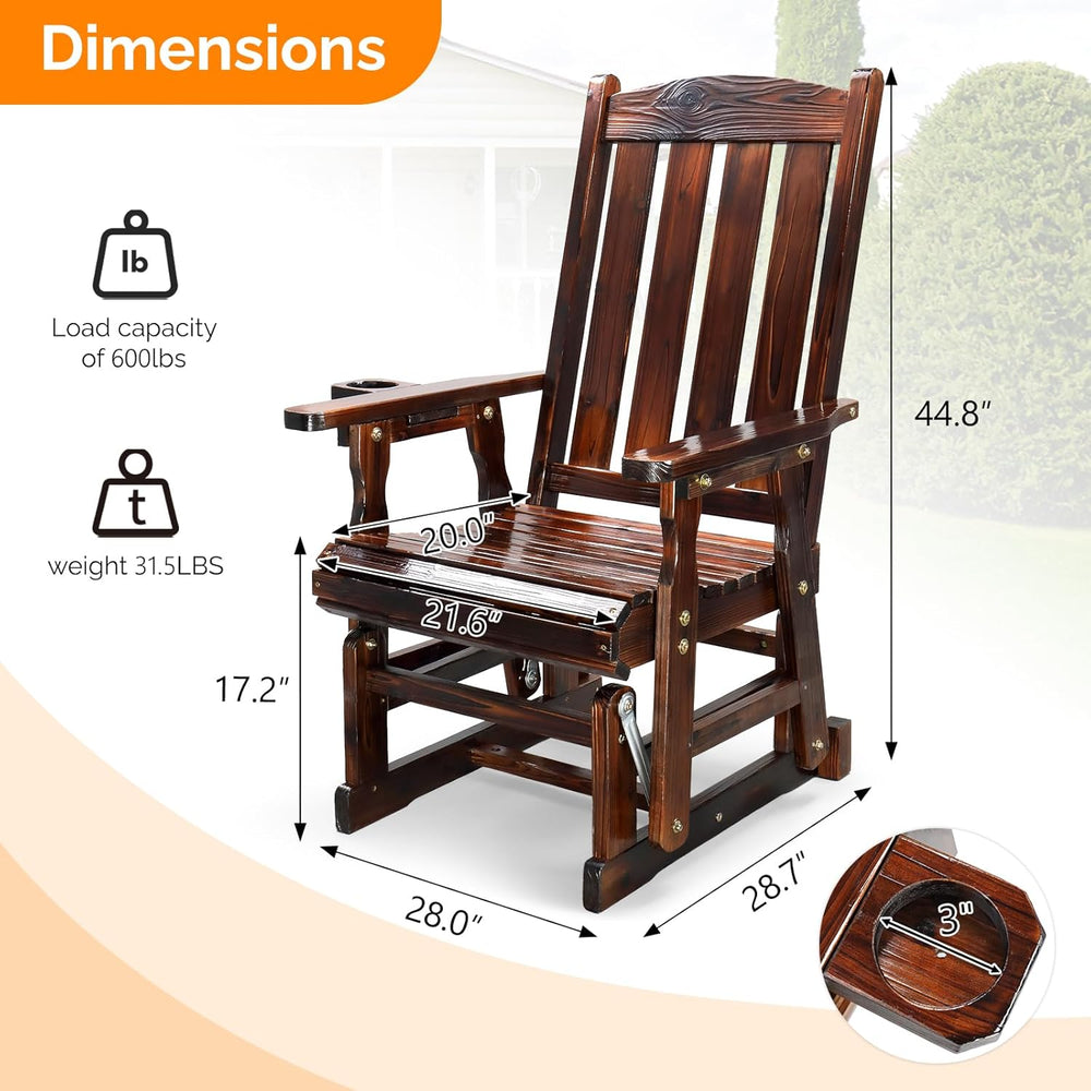 VINGLI Outdoor Glider Chair Wood Patio Glider with Cup Holder, Porch Glider w...