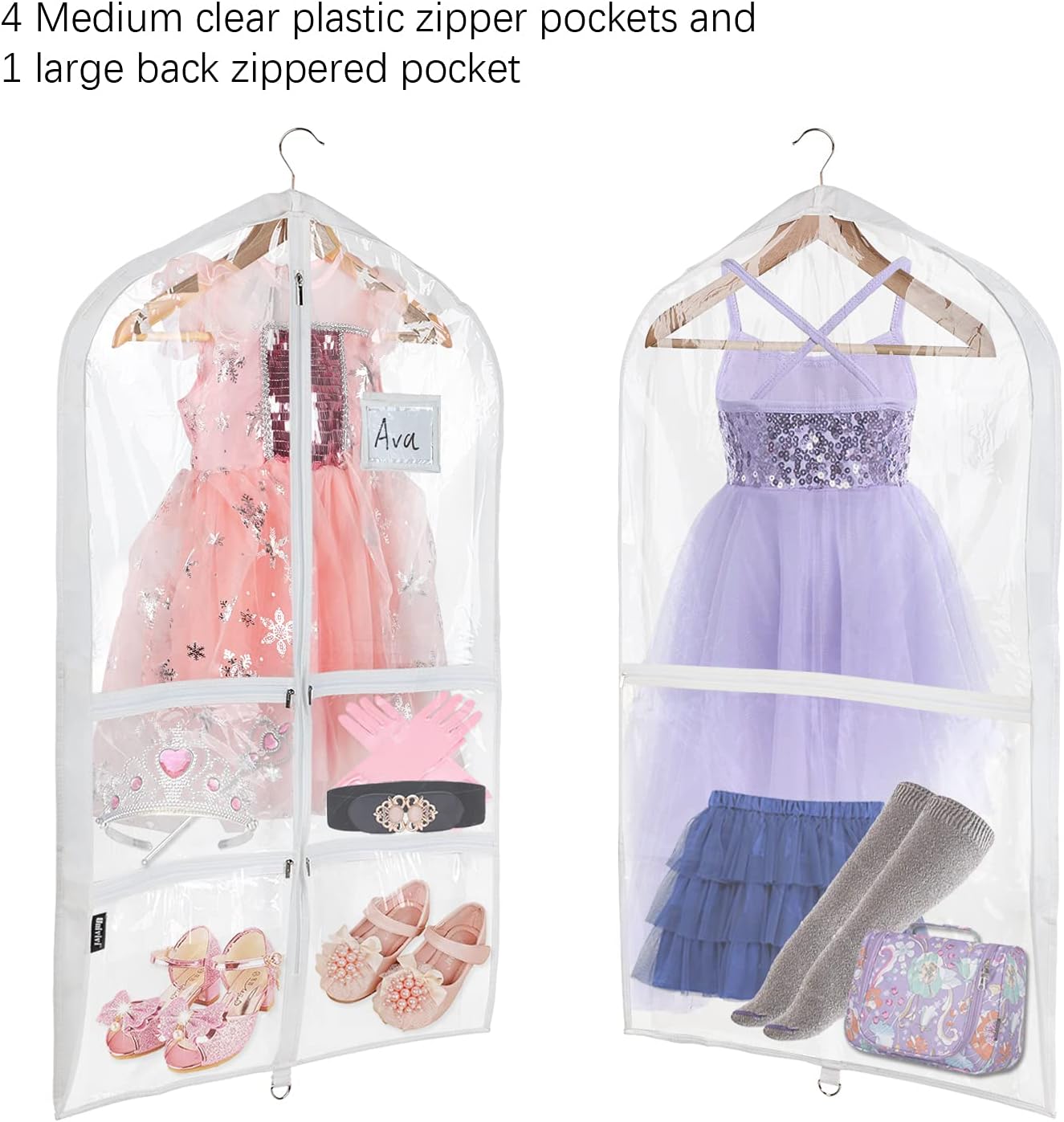 Univivi Clear PVC Dance Costume Bags (3 Pack) Garment Bag 40 Inch for Dance Competitions, with 4 Medium Clear Zipper Pockets and 1 Large Back Zippered Pocket [Upgraded Version] | Breathable Fabric, PVC Window, 4 Clear and 1 Back Zip Pocket, Upgraded