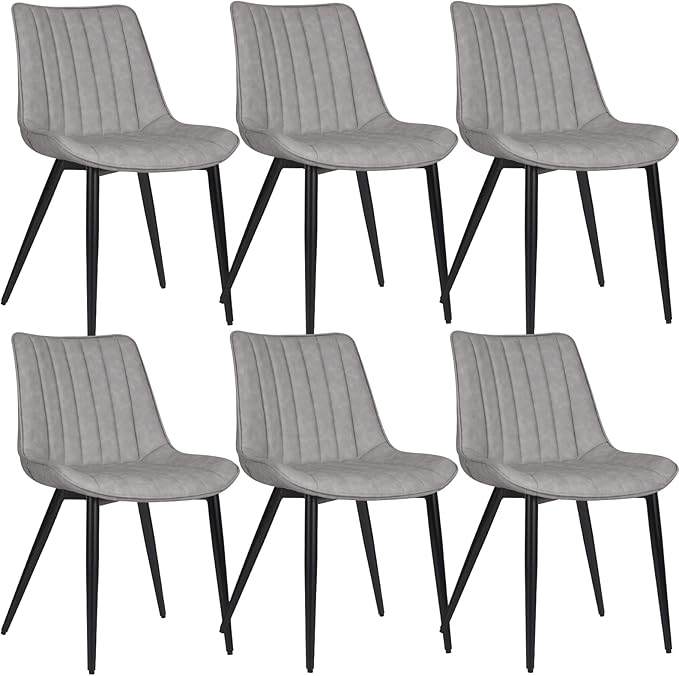 6 PCS Faux Leather Dining Chairs, Mid Century Modern Leisure Upholstered Chair with Metal Legs for Kitchen Living Room Gray