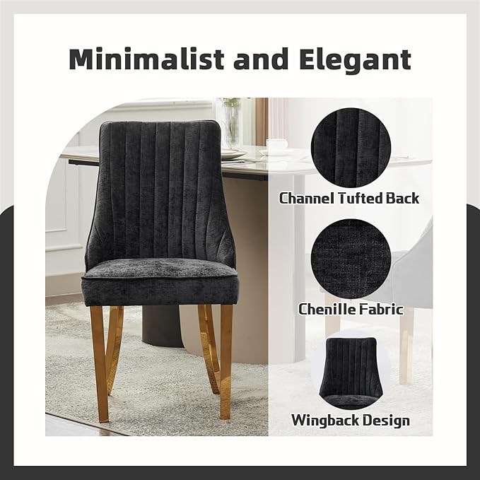 Dining Room Chairs Set of 8，Modern Channel Tufted Upholstered Dining Chairs with Golden Stainless Steel Legs, Comfortable Chenille Fabric Kitchen Chairs for Dining Room (Black, 8pc)