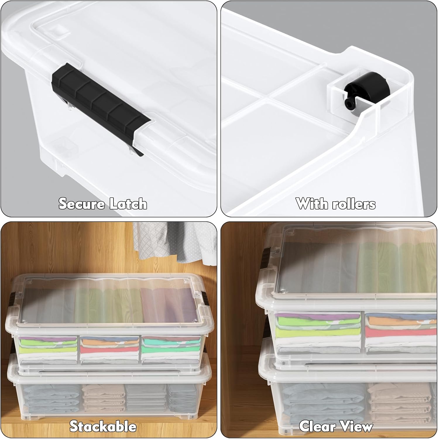 50 Quart Rolling Under Bed Storage Containers, 4-Pack 7.5 Inches Tall Low Profile Underbed Clothes Storage Organizer Bin with Sturdy Wheels, Clear