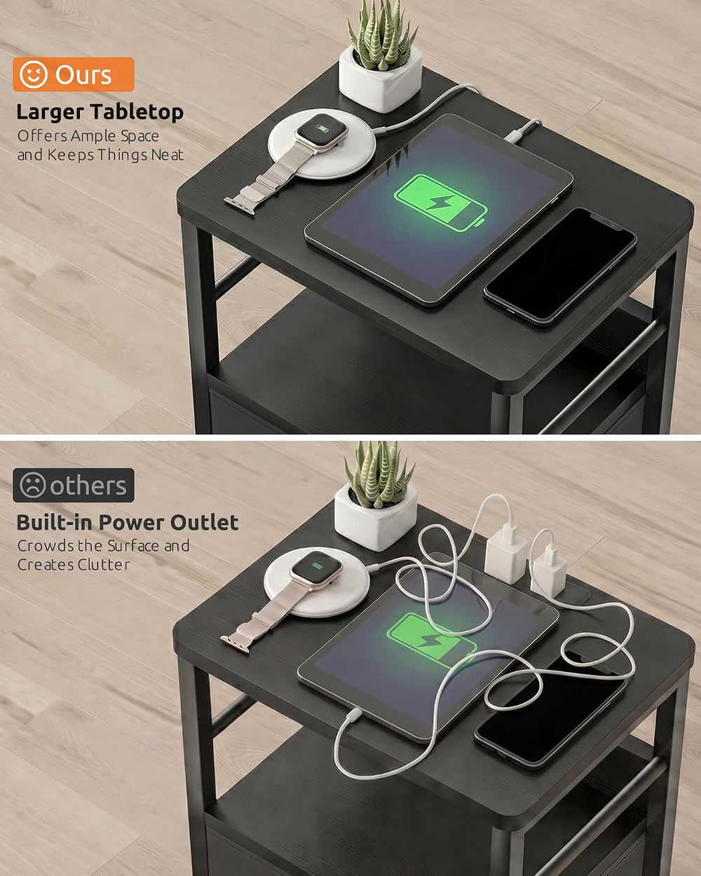 Lazzanto Nightstands Set of 2 with Charging Station, Black Night Stand | 1 Fa...