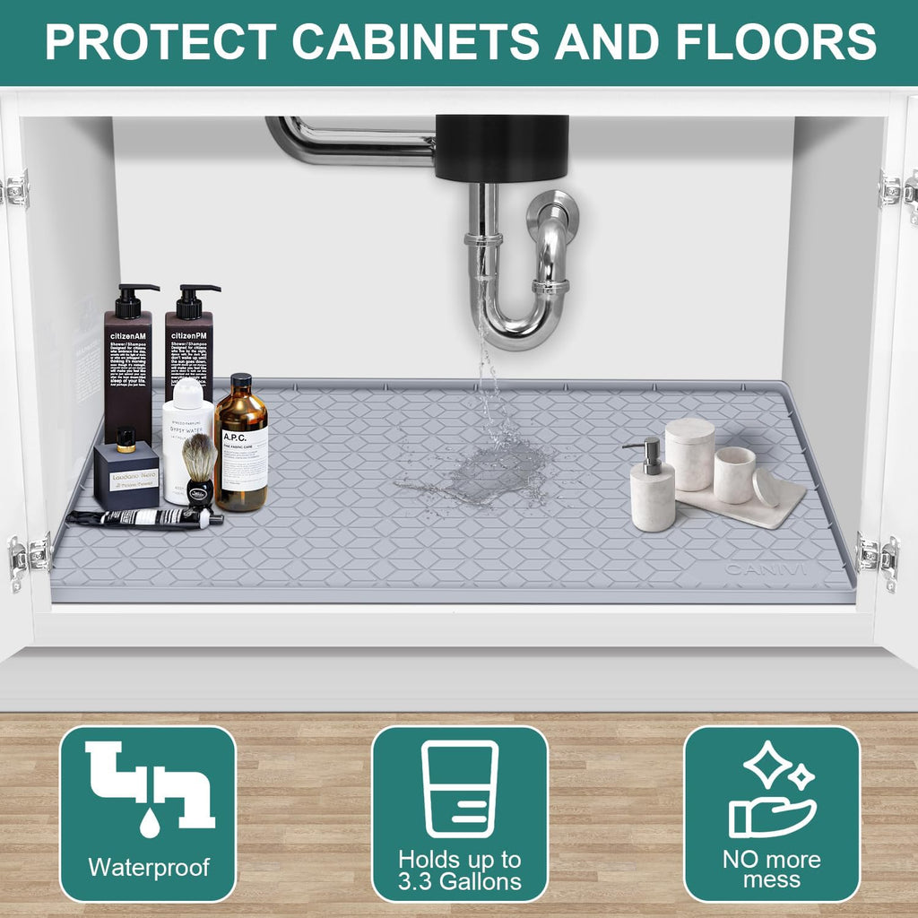 Under Sink Mat, 34" x 22" Waterproof Silicone Under Sink Tray for Kitchen & Laundry Cabinets, Kitchen Cabinet Shelf Protector, Up to 3.3 Gallons Liquid, Fits 36 inch Standard Cabinet Light Grey