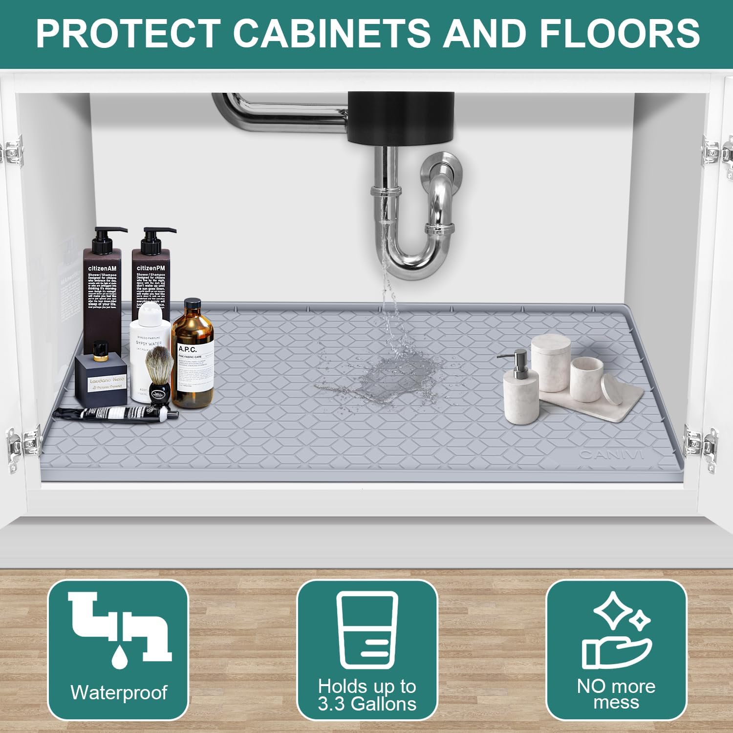 Under Sink Mat, 34" x 22" Waterproof Silicone Under Sink Tray for Kitchen & Laundry Cabinets, Kitchen Cabinet Shelf Protector, Up to 3.3 Gallons Liquid, Fits 36 inch Standard Cabinet Light Grey