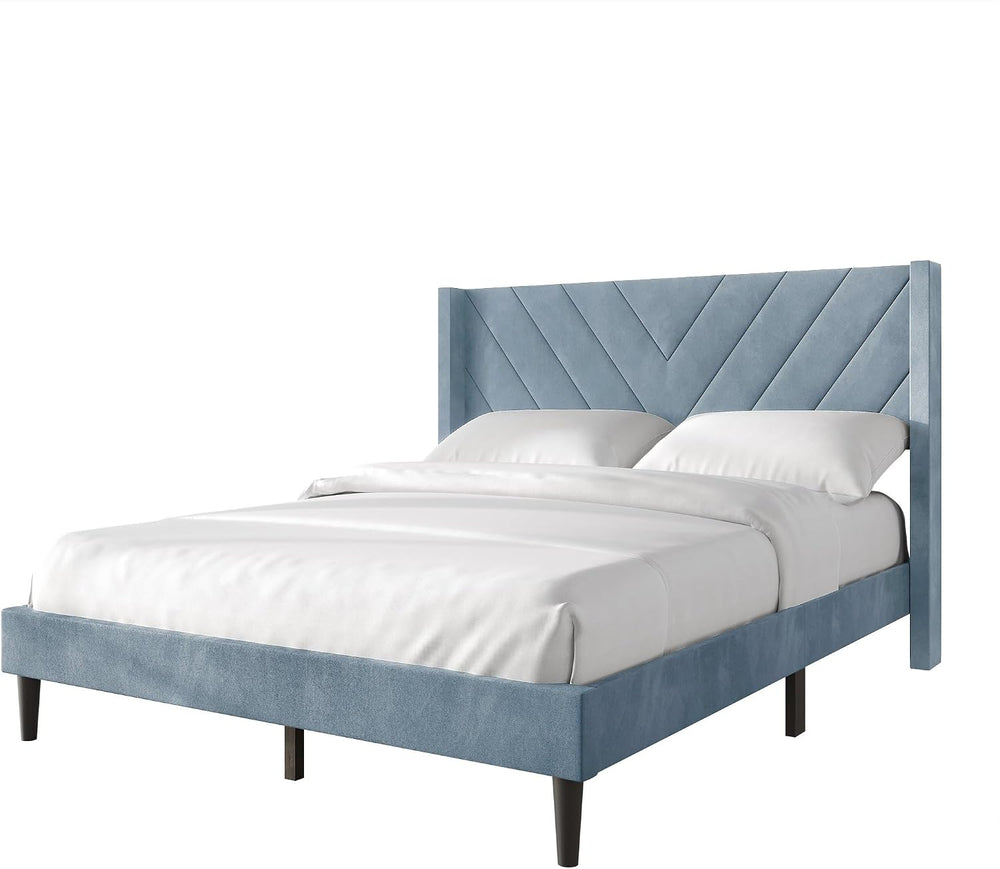 Queen Platform Bed Frame with Chevron-Stitched Wingback Headboard, Velvet Uph...