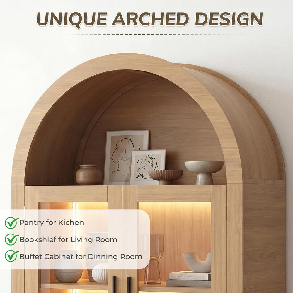 71” Tall Arched Kitchen Pantry with X-Pattern Glass Doors & RGB Lighting,...