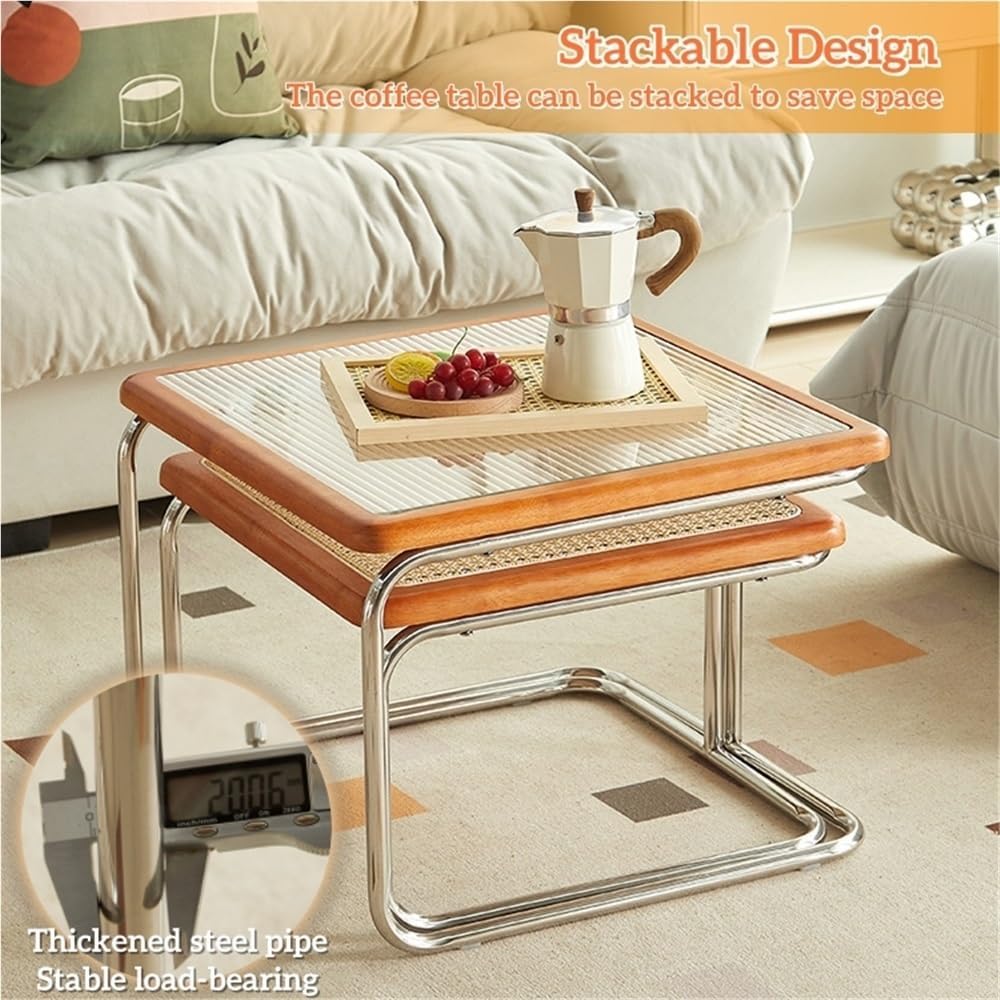 Square Nesting Coffee Table Set of 2, Modern Wooden Side Table, Stacking Smal...