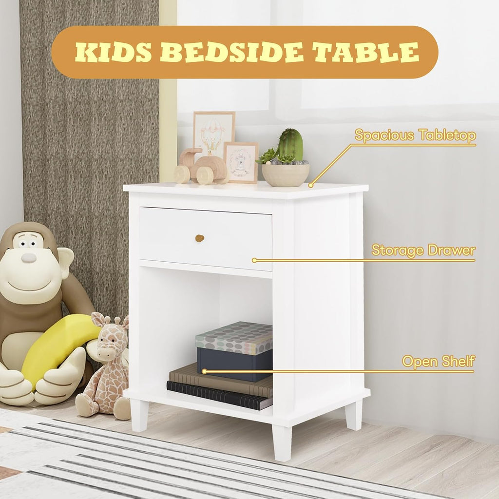 Kids' Nightstands with One Drawer, Toddler Night Stand for Bedroom Living Room, Nightstand for Kids Room Functional Girl End Table Storage Night Stand for Girls Bedroom, Easy Assembly(White)