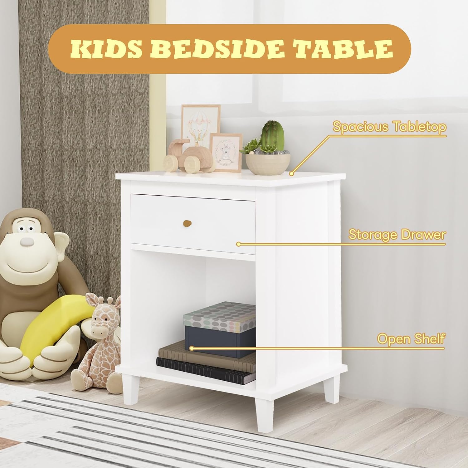 Kids' Nightstands with One Drawer, Toddler Night Stand for Bedroom Living Room, Nightstand for Kids Room Functional Girl End Table Storage Night Stand for Girls Bedroom, Easy Assembly(White)