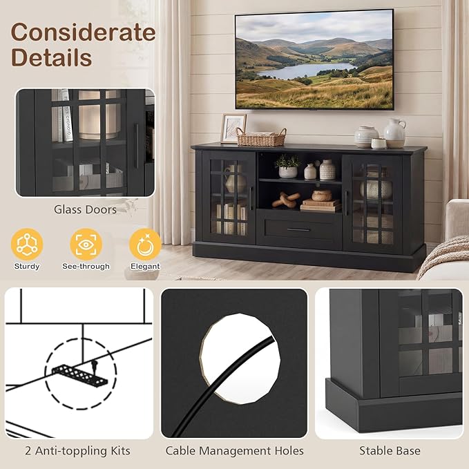 Tangkula Farmhouse TV Stand for TV up to 65 70 Inches, Tall Media Console Table with 2 Glass Storage Cabinets, 1 Drawer & 2 Open Shelves, Wooden Entertainment Center for Living Room (Black)