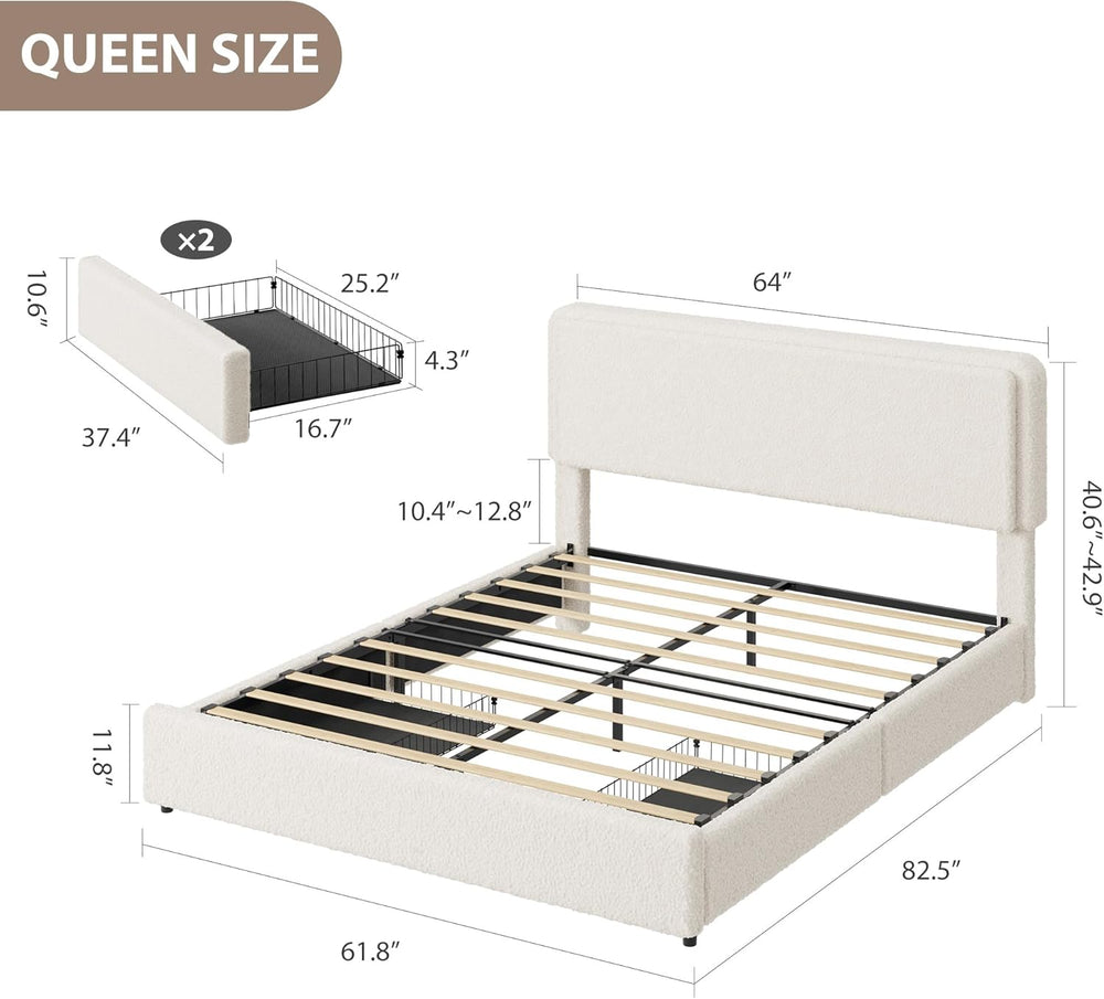 GarveeHome Queen Size Bed Frame with 2 Storage Drawer, Cream Beige