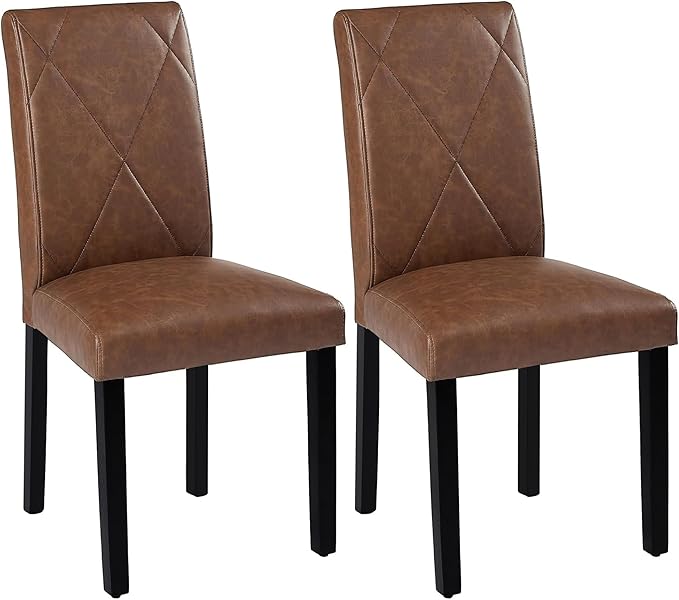 VECELO Upholstered Dining Chairs Set of 2, Modern PU Leather and Solid Wood Legs & High Back for Kitchen/Living Room- Brown