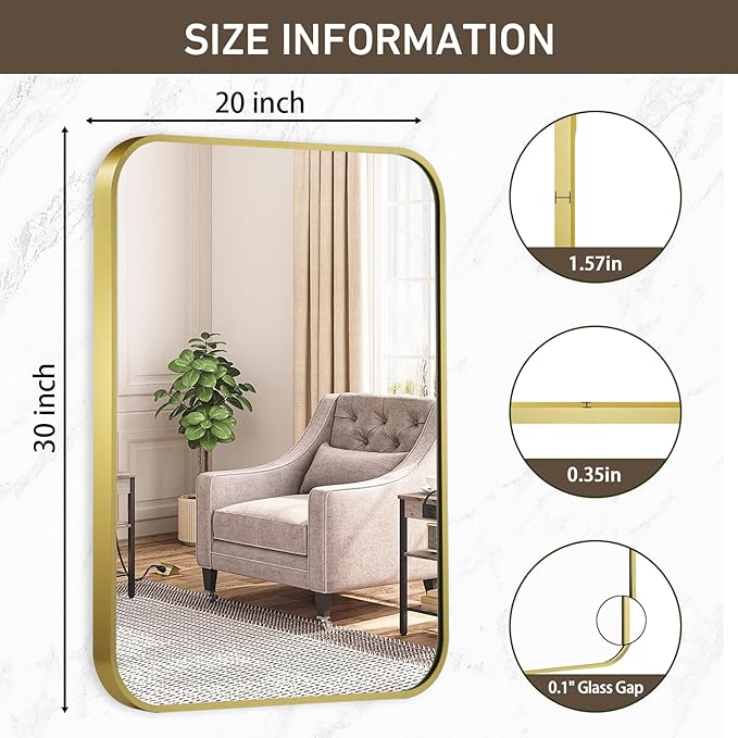 Matte Gold Mirror, 20x30 Inch Brushed Gold Mirror, Aluminum Alloy Framed Vanity Mirror, Rounded Rectangle Bathroom Mirror for Over Sink, Anti-Rust Wall Mirror (Horizontally or Vertically)