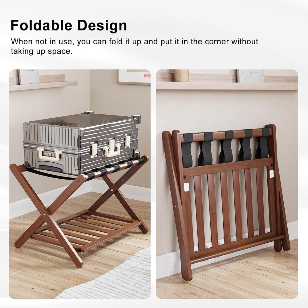 Smuxee Fully Assembled Walnut Luggage Rack, Upgraded Bamboo Foldable Suitcase...