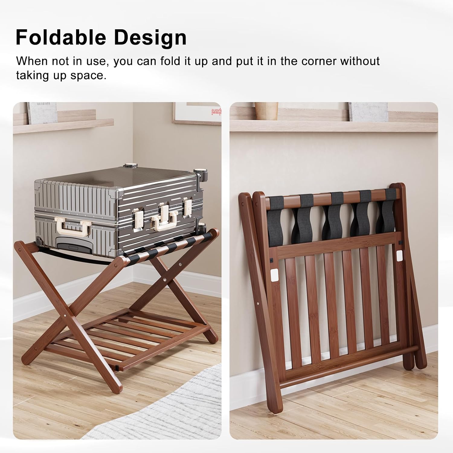 Smuxee Fully Assembled Walnut Luggage Rack, Upgraded Bamboo Foldable Suitcase Stand with 5 Nylon Straps, Luggage Holder with Shelf for Guest Room Bedroom Hotel