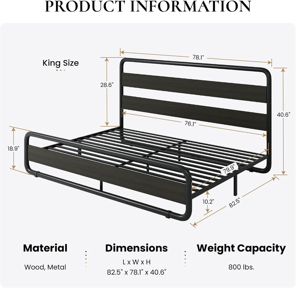 SHA CERLIN King Size Metal Bed Frame with Wooden Headboard, Black