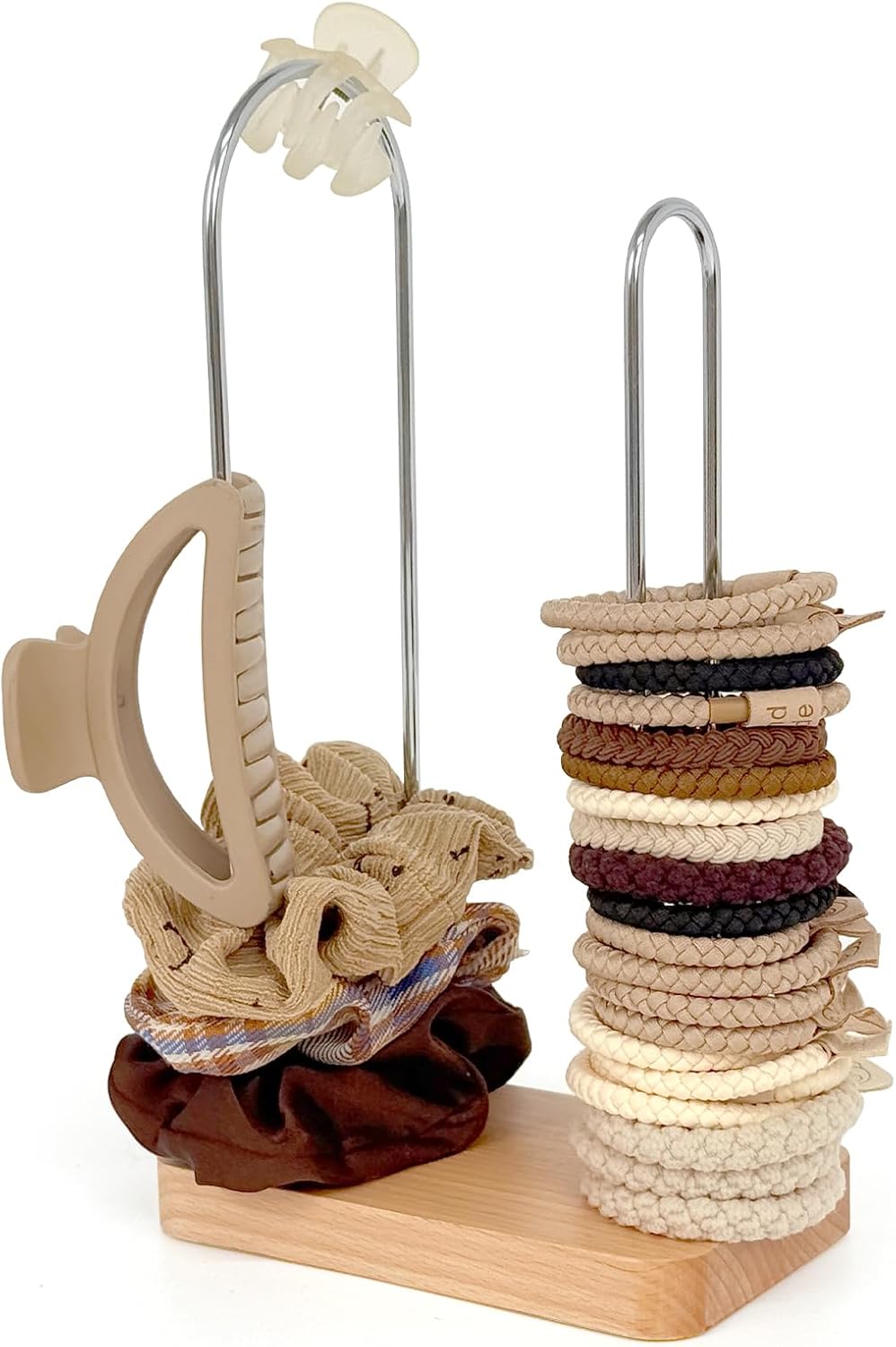 SCUNDA 2-Tier Hair Tie Organizer, Modern Scrunchies Storage Tower Holds 50-70 Hair Accessories, Claw Clip Holder, Fashion Countertop Display Stand for Women & Girls(Natural)
