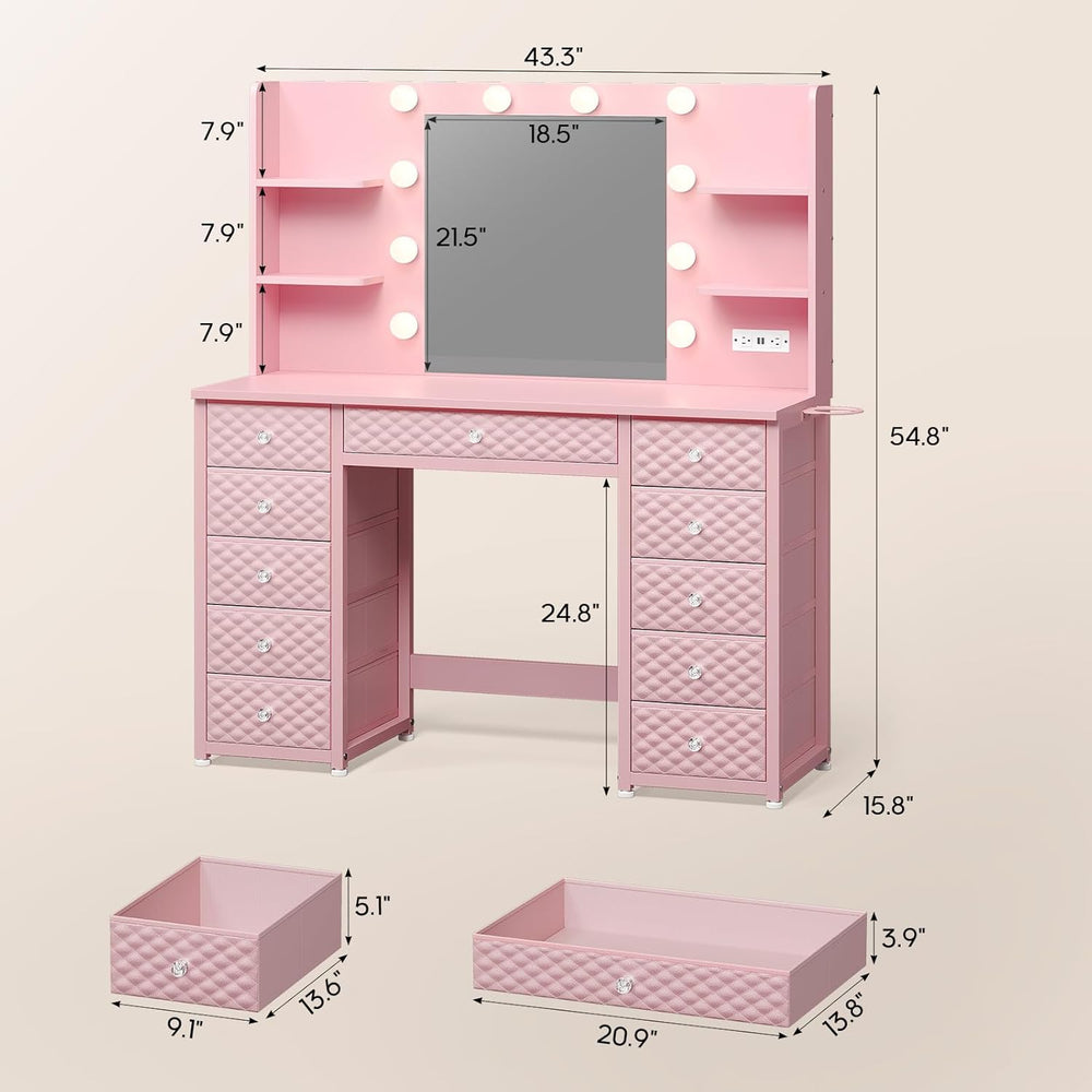 Pink Vanity Desk with Mirror and Lights, 11 Drawers, 43.3", Power Strip ...
