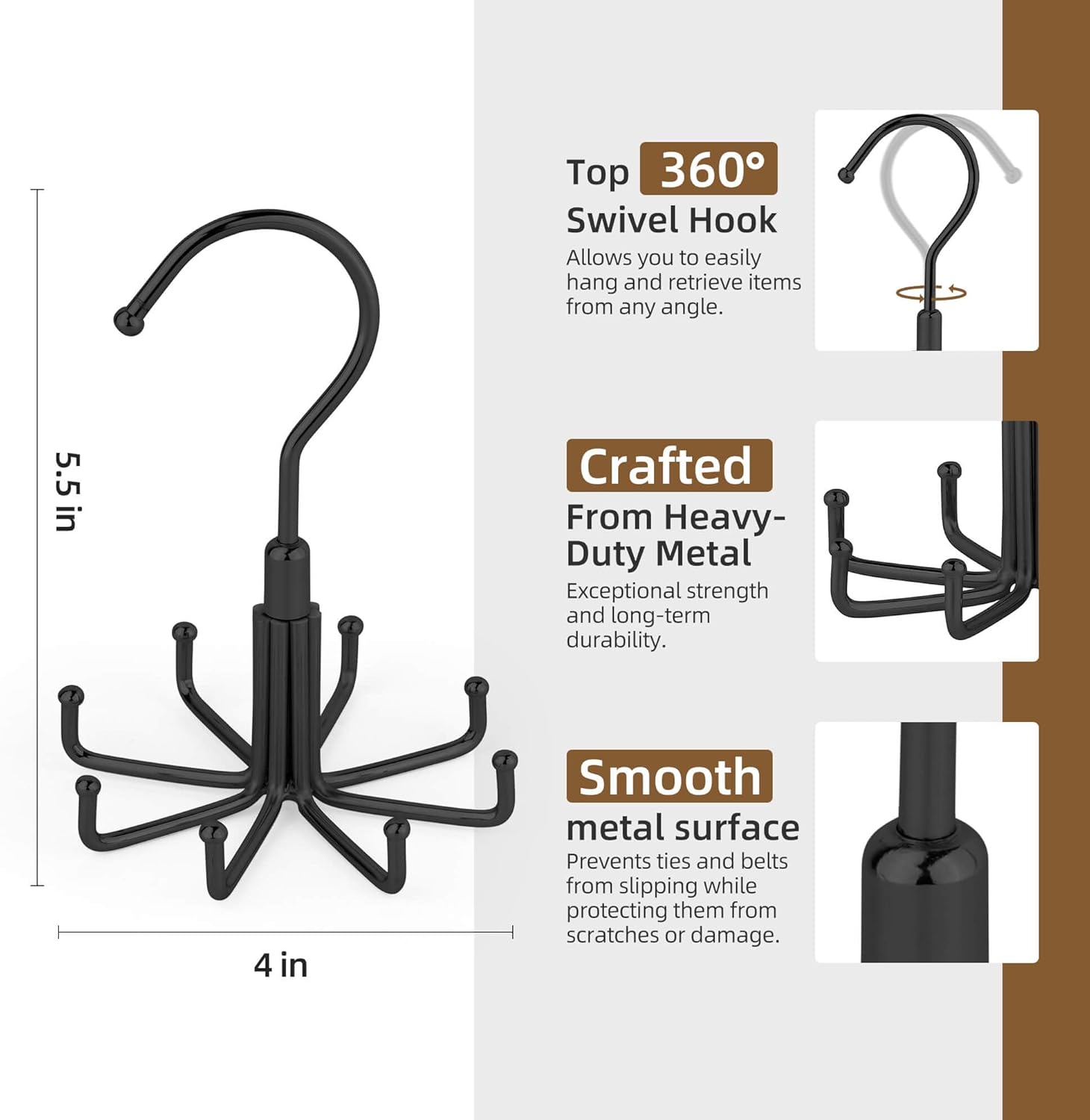 ZEDODIER Tie Hanger for Closet, 2 Pack Rotatable Tie Organizer for Men with 16 Hooks, Heavy Duty Space Saving Tie Rack for Ties and Belts, Black