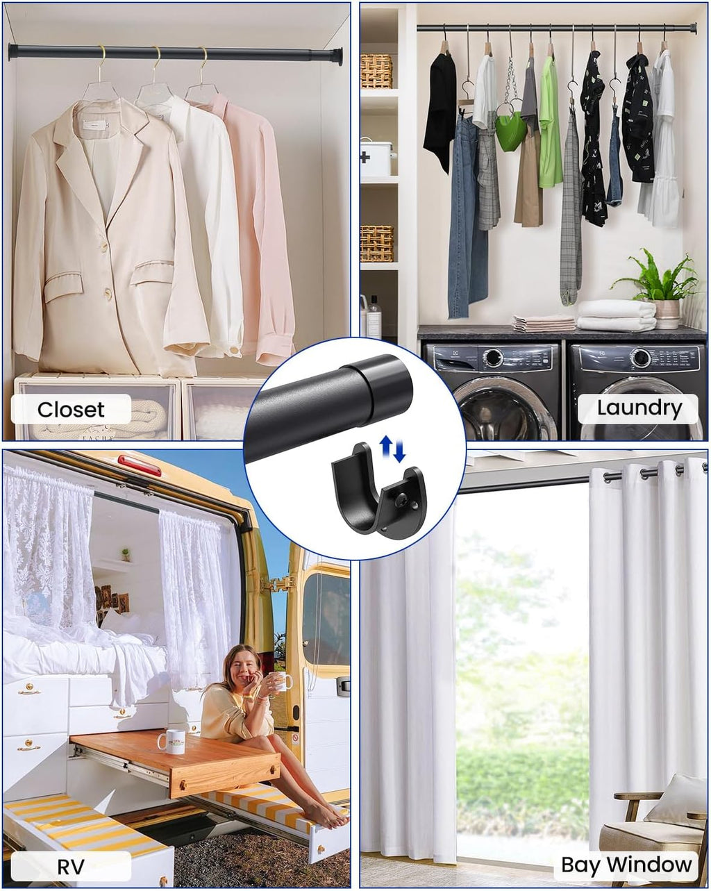 Closet Rods for Hanging Clothes, 17 to 28 Inches Stepless Adjustable Metal Closet Rod, 1.3 Inches Heavy Duty Clothes Hanging Rod for Closet Wardrobes Laundry RV, Black