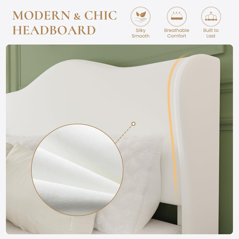 SHA CERLIN Full Size Bed Frame with Curved Wingback Headboard,Soft White