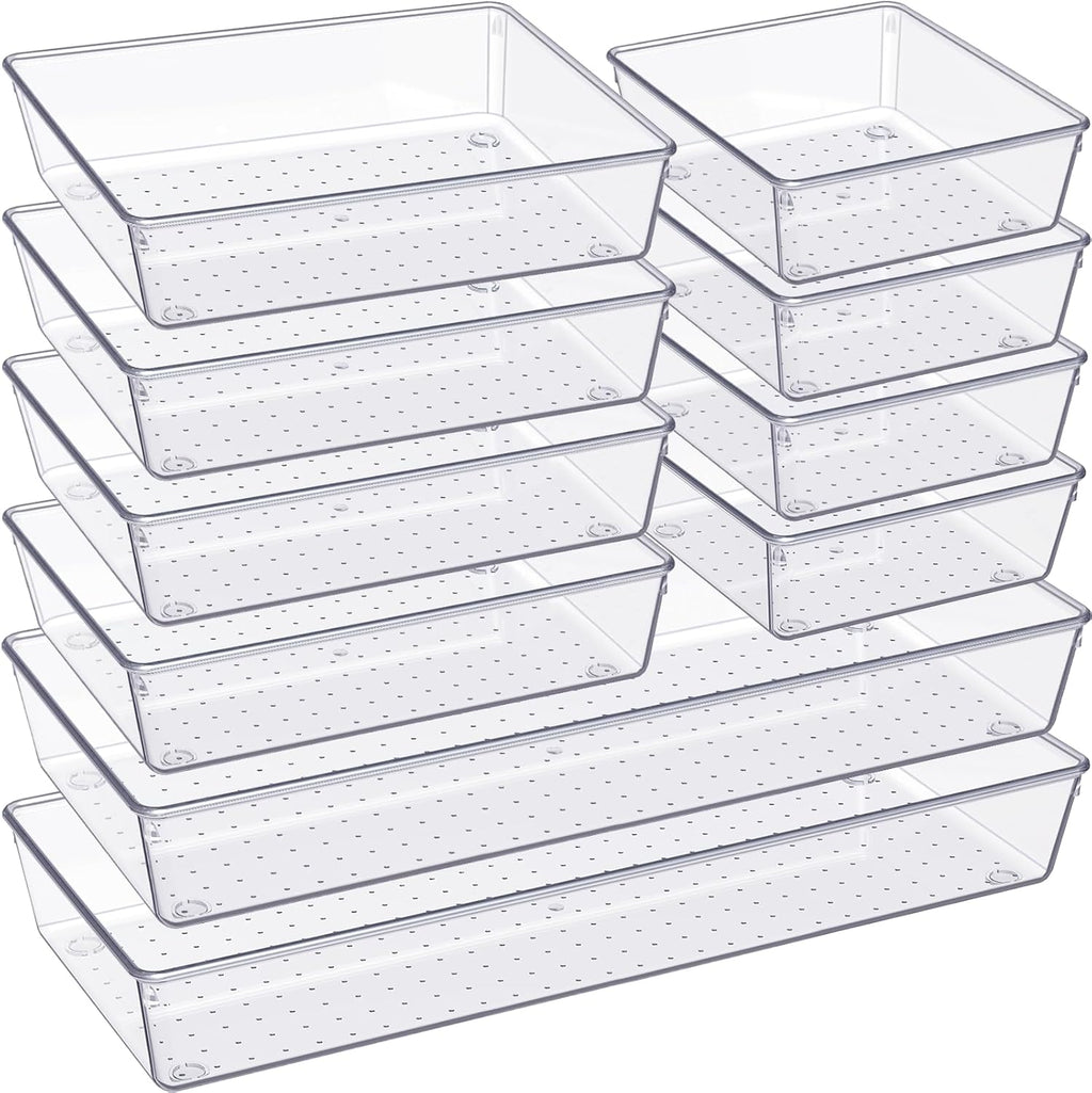 Drawer Organizer, 10 Pack Large Clear Plastic Set, 3 Size Versatile Bathroom and Vanity Organizer Trays, Storage Bins for Makeup, Bedroom, Kitchen Utensils