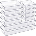 Drawer Organizer, 10 Pack Large Clear Plastic Set, 3 Size Versatile Bathroom and Vanity Organizer Trays, Storage Bins for Makeup, Bedroom, Kitchen Utensils