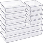 Drawer Organizer, 10 Pack Large Clear Plastic Set, 3 Size Versatile Bathroom and Vanity Organizer Trays, Storage Bins for Makeup, Bedroom, Kitchen Utensils