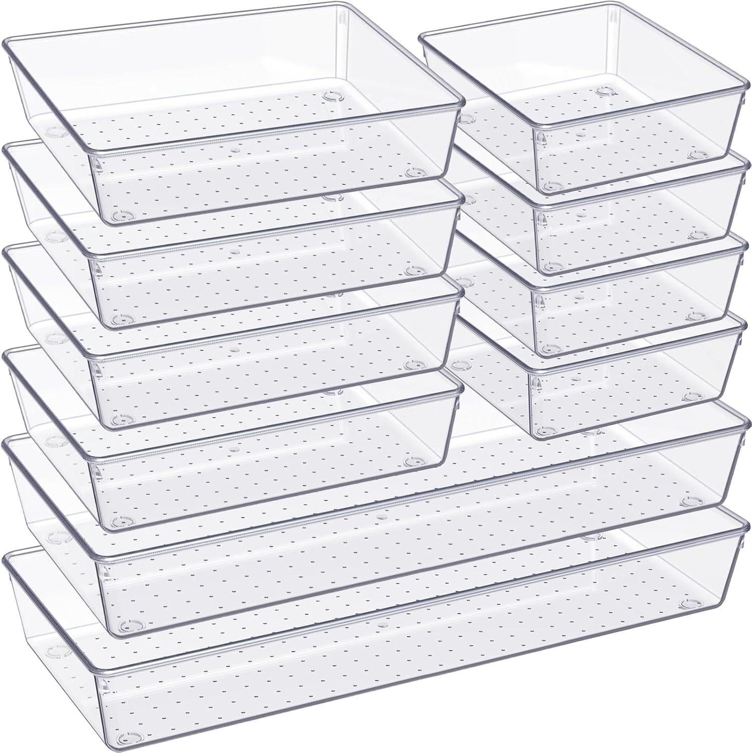 Drawer Organizer, 10 Pack Large Clear Plastic Set, 3 Size Versatile Bathroom and Vanity Organizer Trays, Storage Bins for Makeup, Bedroom, Kitchen Utensils