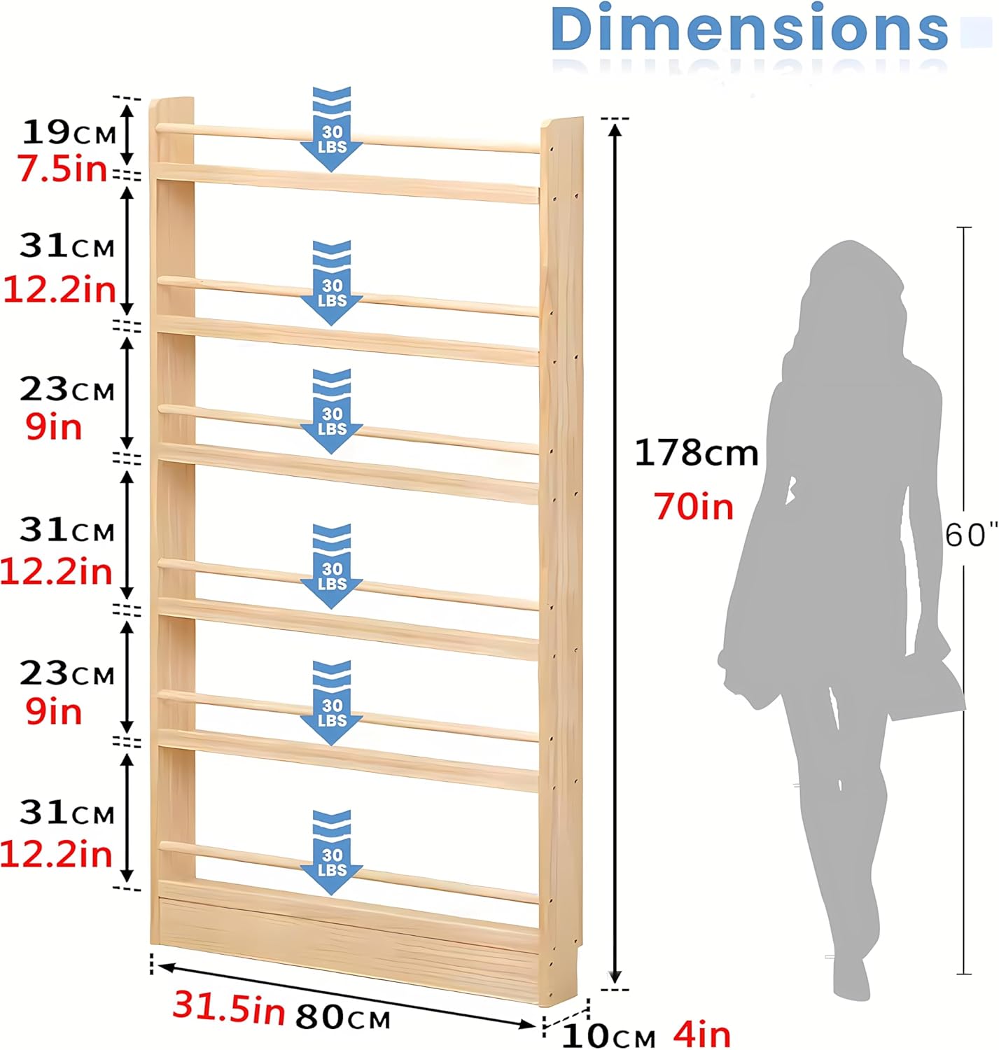 Behind The Door Bookshelf, 6-Tier Wooden Bookcases with Open Display Shelves, Behind The Door Storage Organizer for Toys and Books, Space-Saving Wall Mount Narrow Book Shelf