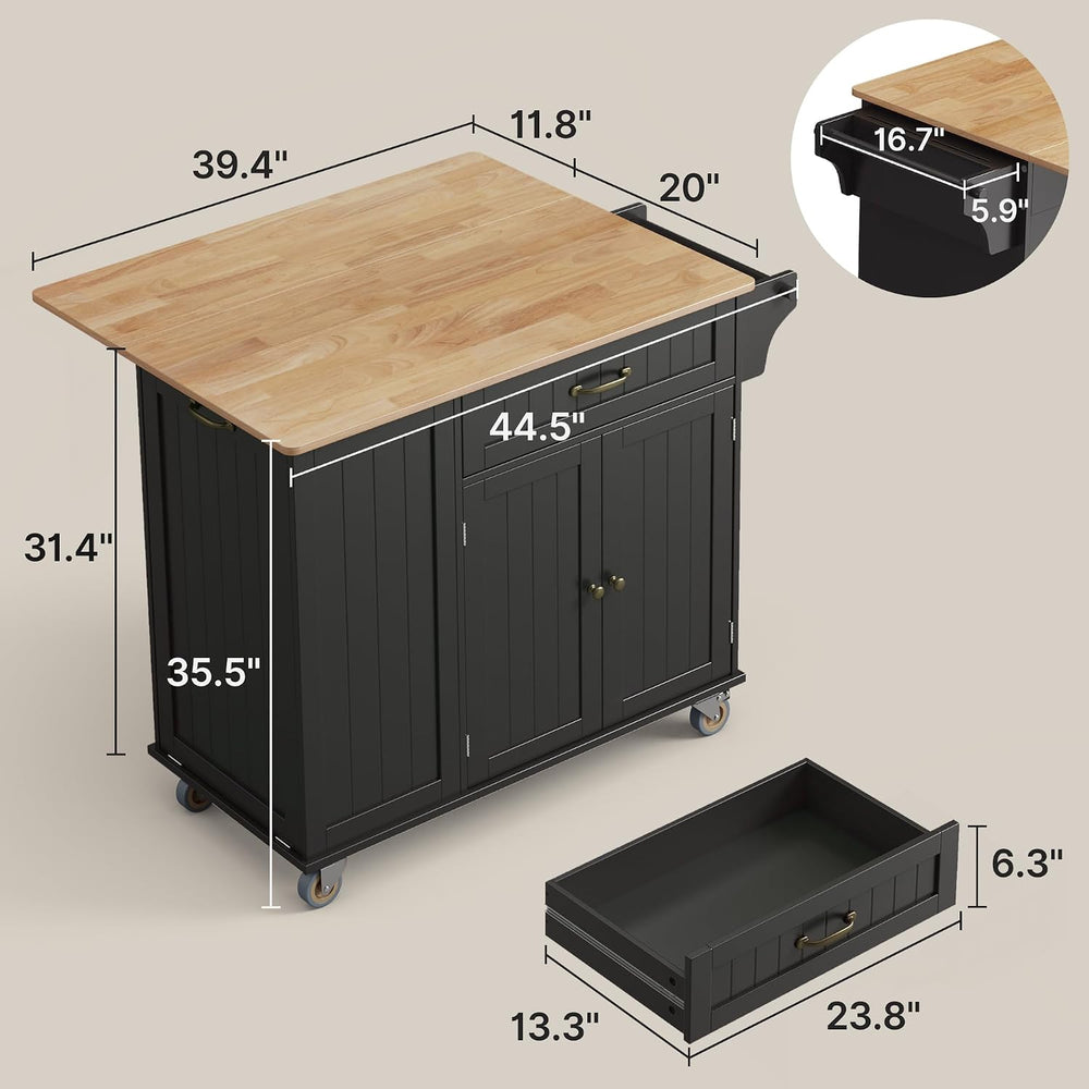 Ahomly Kitchen Island with Storage, Black, 44.49" W
