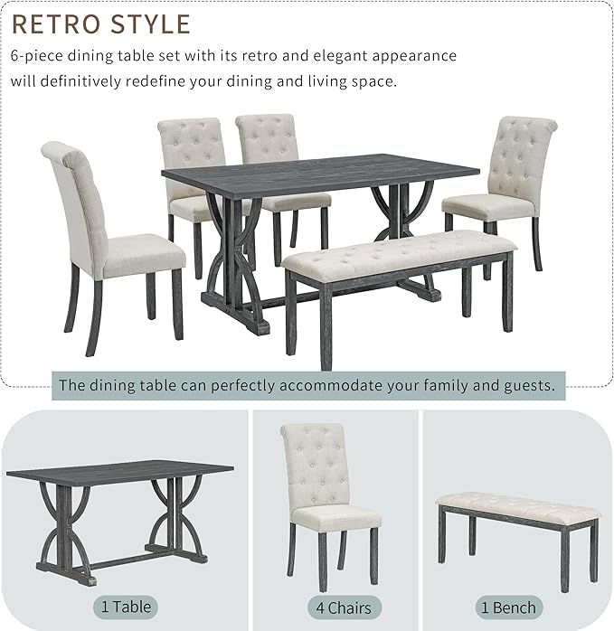 HomSof 6-Piece Retro Rectangular Dining Table Set, Table with Unique Legs and 4 Upholstered Chairs & 1 Bench for Dining Room and Kitchen, Gray Wash