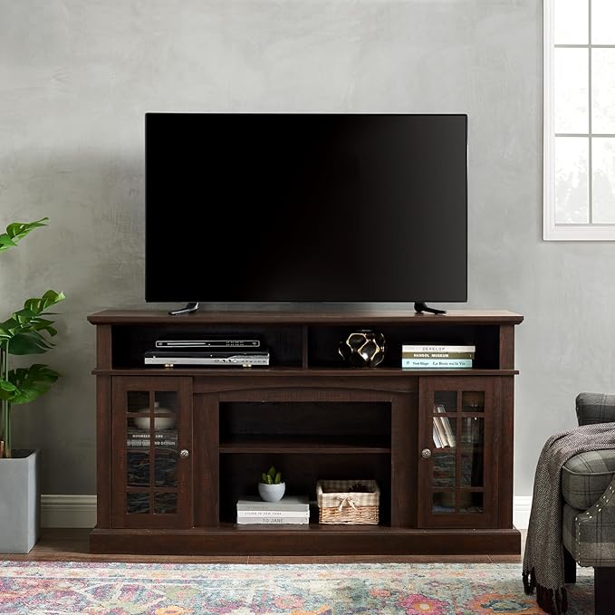 58" Farmhouse Entertainment Center: Espresso Wood TV Stand for 60 Inch TV | Rustic Tall TV Console for Living Room with Storage Cabinet and Adjustable Shelves