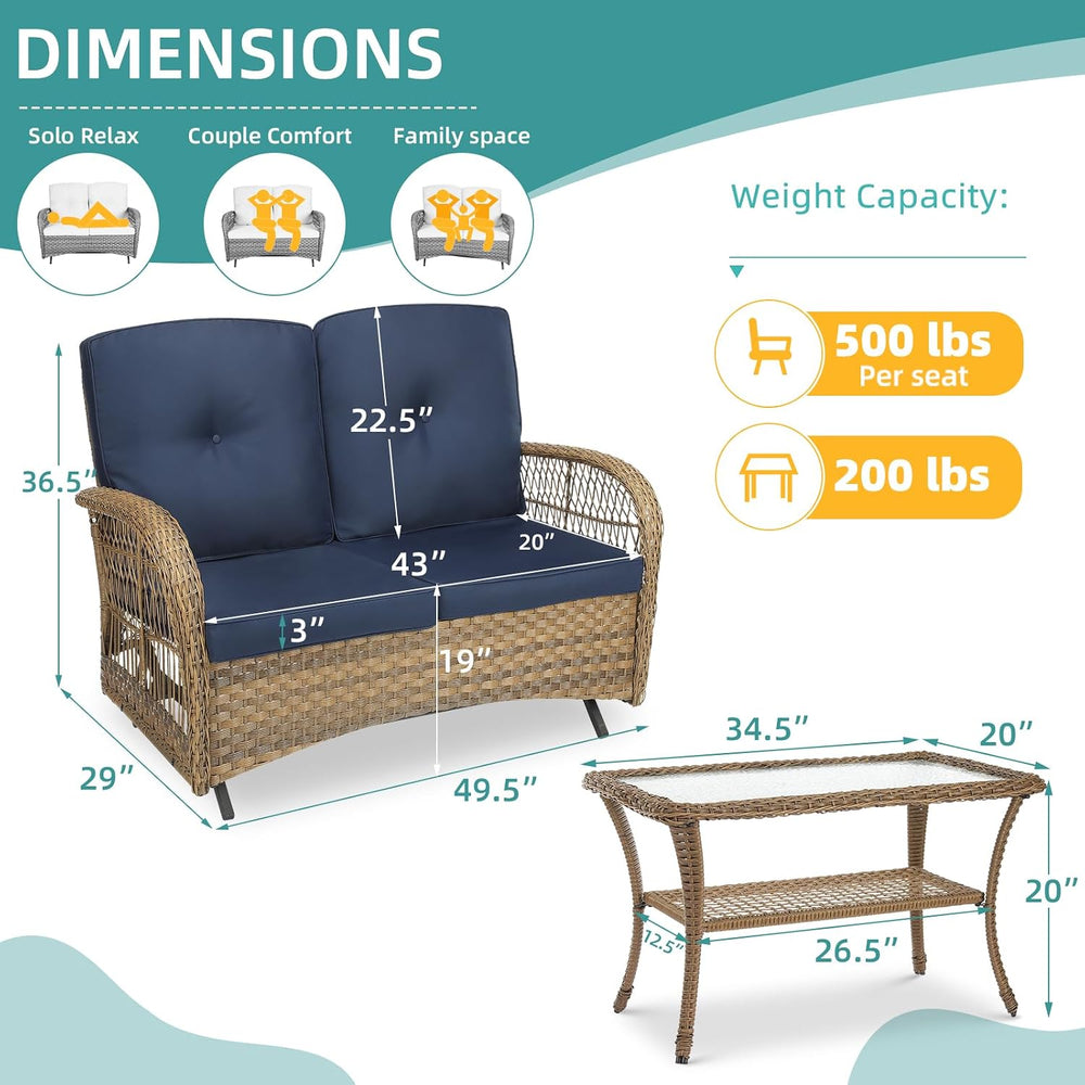 Outdoor Wicker Patio Glider Set, Loveseat for 2 Person Porch Furniture Glider...