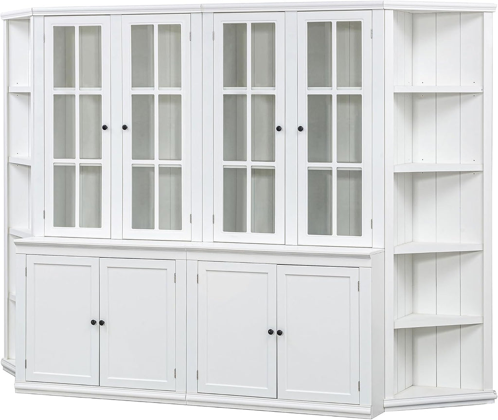 roomfitters 75.25'' Pantry Cabinets with Triangle Bookshelves, Retro Wall Storage Unit with Glass Doors for Living Room, White