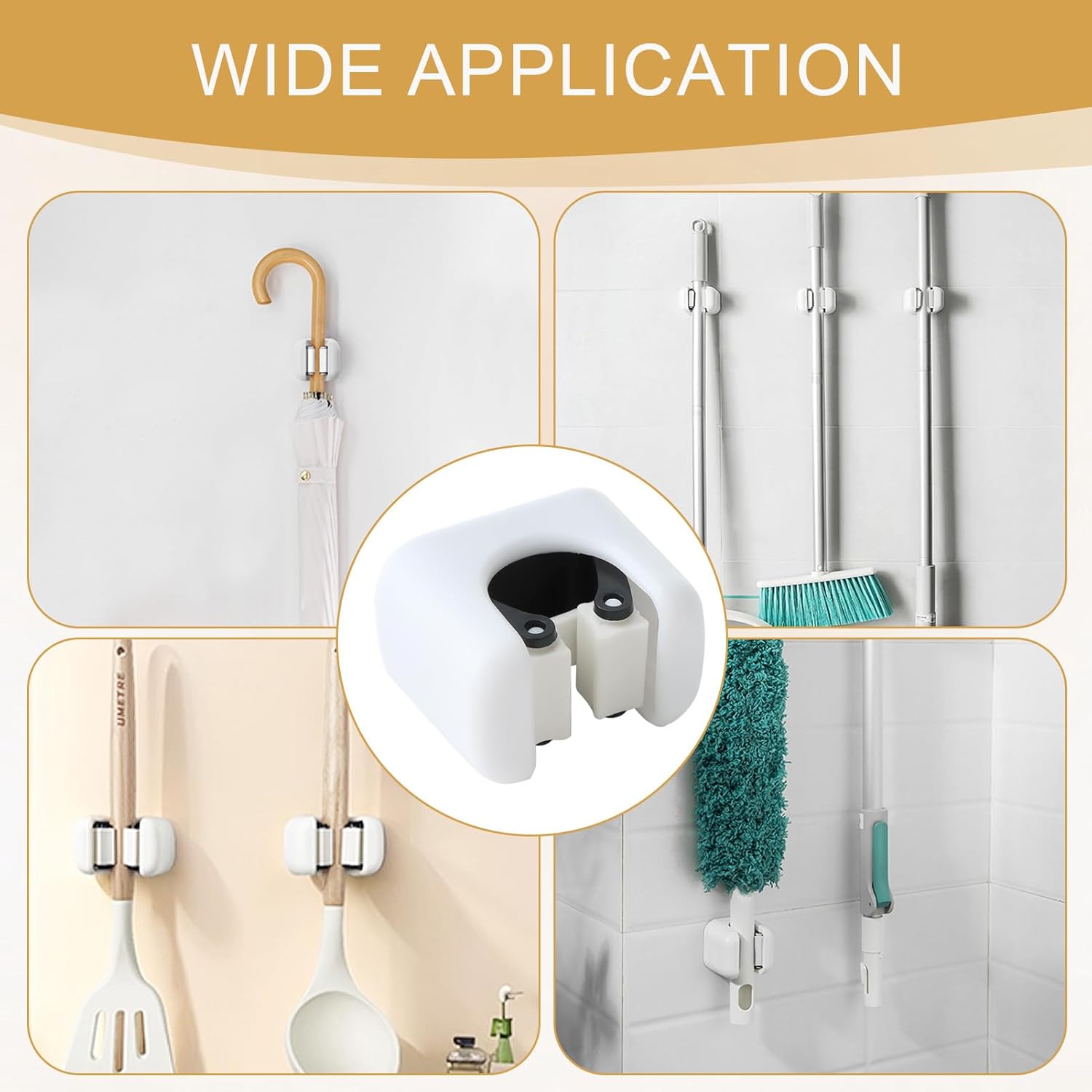 Broom Holder, Wall Mount Mop Organizer, Self-Adhesive Cleaning Supplies Hanger Rack for Bathroom Kitchen Garage Garden Space-Saving, Durable and Water-Resistant Broom Storage Solution, 3 Pack