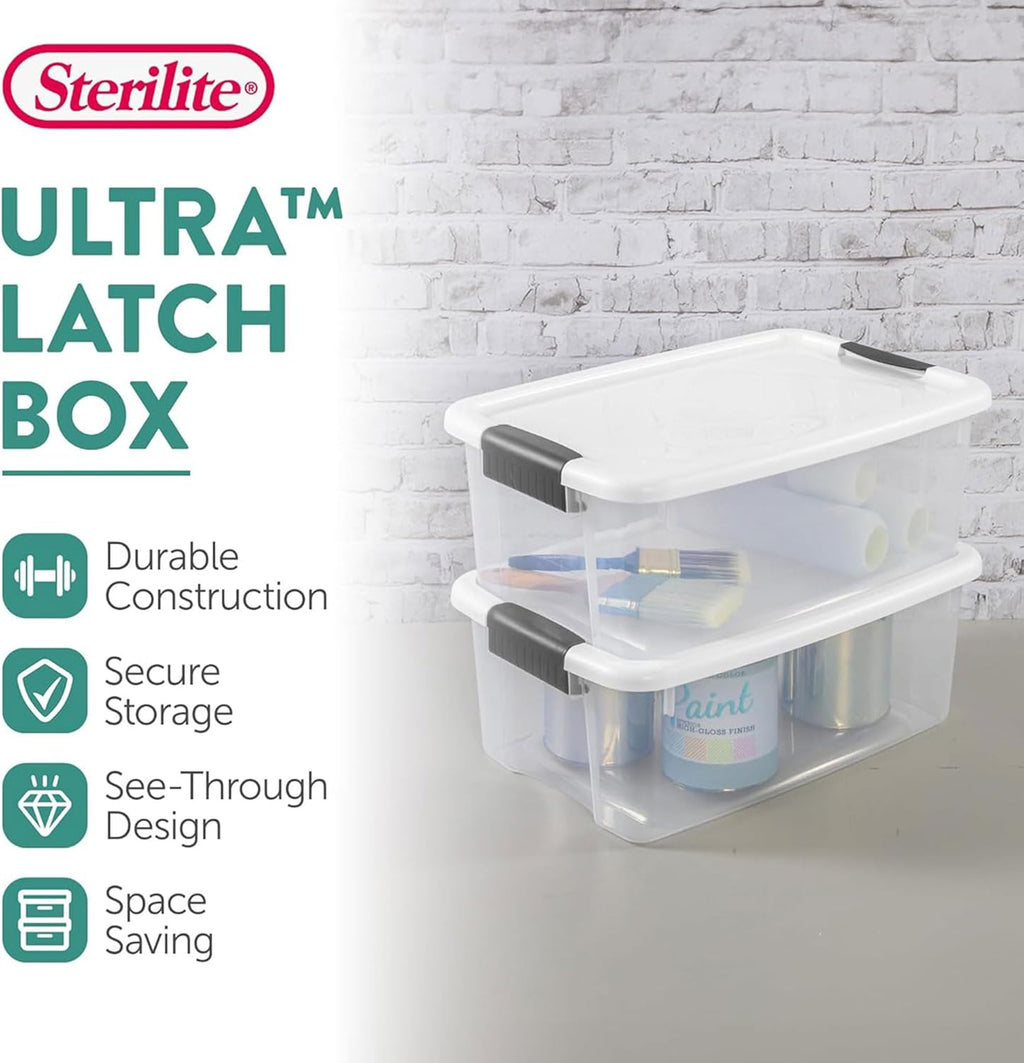 Sterilite 12-Pack Ultra Latching Box, Storage Bins with Lids, Clear Plastic, 18 Quart - Heavy-Duty Organizing Containers for Closet, Bathroom, and Office