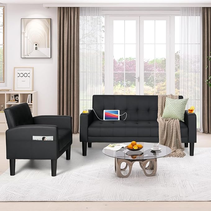 AILEEKISS 2 Piece Living Room Sofa Set Loveseat Sofas Sets with 2 USB, Cup Holders, Side Pocket, Modern Leather 2 Pcs Sectional Couch Chairs Set for Apartment, Office, Bedroom (Black, 2-Seat+1-Seat)