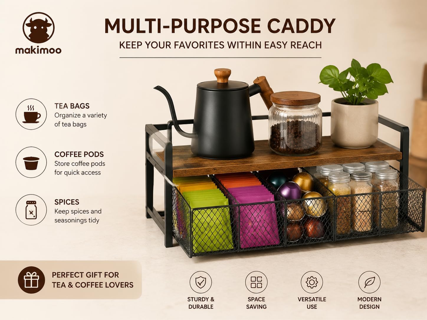 Wood & Matte Black Metal Tea Bag Organizer with Drawer, 8 Compartments Tea Storage Holder with Top Tray, Multi-Purpose Countertop Caddy for Tea Bags, Coffee Pods & Spices