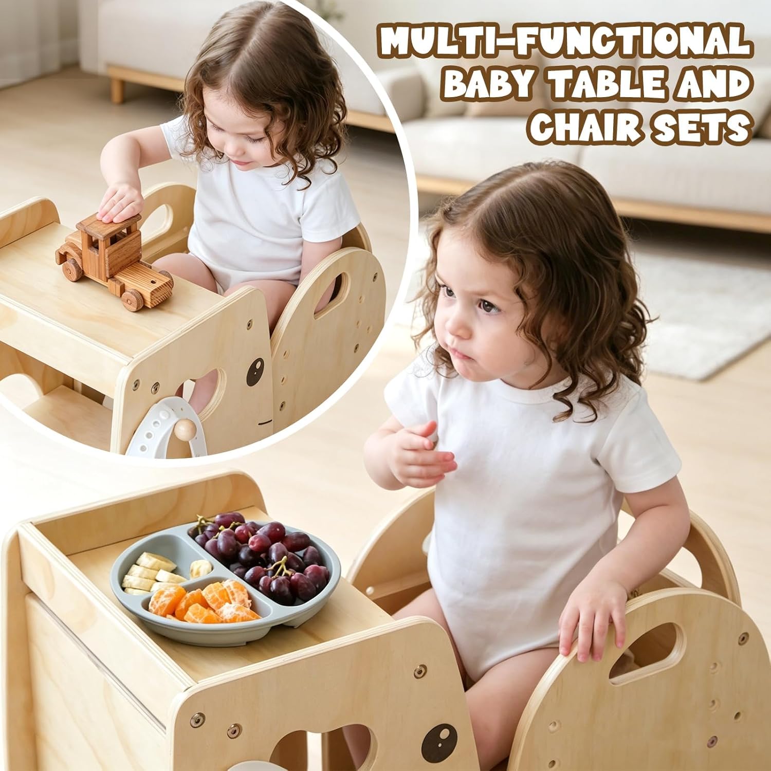 Lehoo Castle Montessori Weaning Table and Chair Set for Toddler Age 1-3, Adjustable Height Wooden Baby Activity Furniture for Self-Feeding, Drawing, Learning and Play