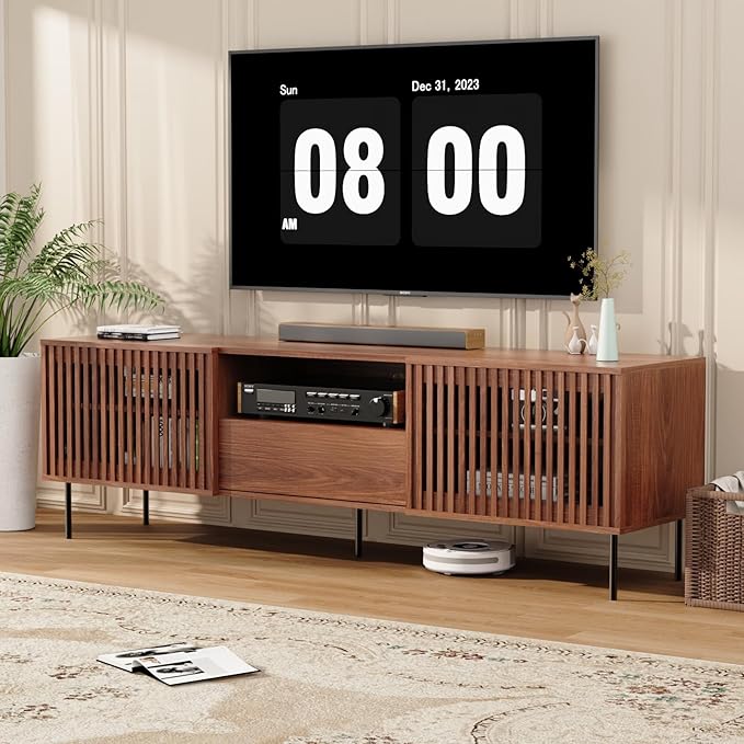 HOMMPA 70 Inch TV Stand for TVs Up to 80'', Mid Century TV Stand with Slatted Door Design, Modern Media Console with Storage Cabinet & Drawer, Entertainment Center for Livingroom, Walnut
