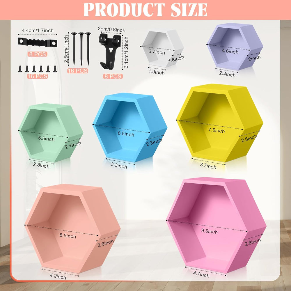 DoubleFill Honeycomb Shelves for Wall Set of 7 Wooden Hexagon Floating Shelve...