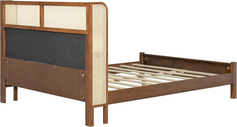 Merax Classic Retro Queen Platform Bed with Rattan Headboard, Wood Bed Frame ...