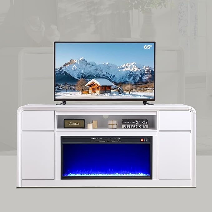 Modern Fireplace TV Stand with 36" LED Electric Fireplace for 80 inch TVs, 32" Tall Entertainment Center w/Drawers &Adjustable Shelves, Wood Media Console w/Curved Profile Design for Living Room,White