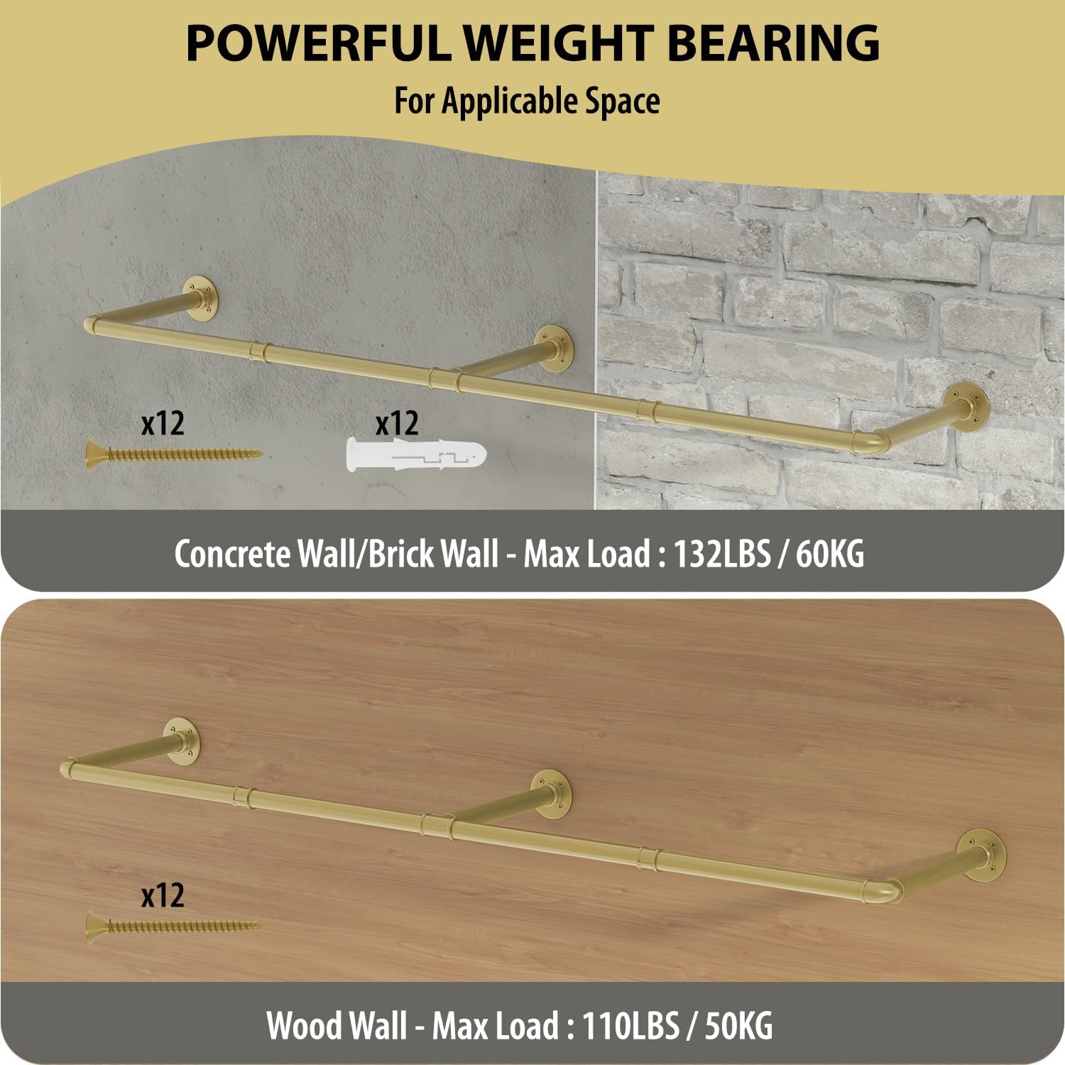 Wall Mounted Clothes Rack, 72" Industrial Pipe Clothing Rack, Heavy Duty Gold Garment Rack Bar, Multi-Function Hanging Clothes Rod for Laundry Room,Bedroom,Dressing Room,Closet Storage