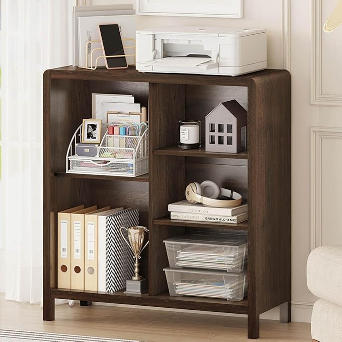 FATORRI 5 Cube Bookshelf, Wood Bookcase with 3 Adjustable Shelves, Farmhouse Cube Storage Organizer Shelf for Small Space Bedroom Living Room (Dark Walnut)