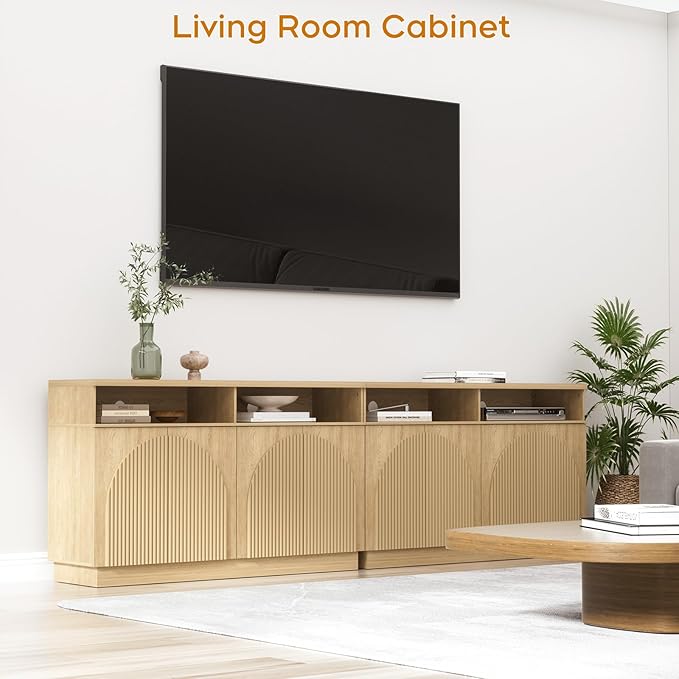 Yechen Set of 2 110" Fluted TV Stand with 8 Arched Reeded Design Doors, Modern Entertainment Center with Storage for Up to 98", Media Console, Multi-Functional TV Cabinet for Living Room, Natural Oak