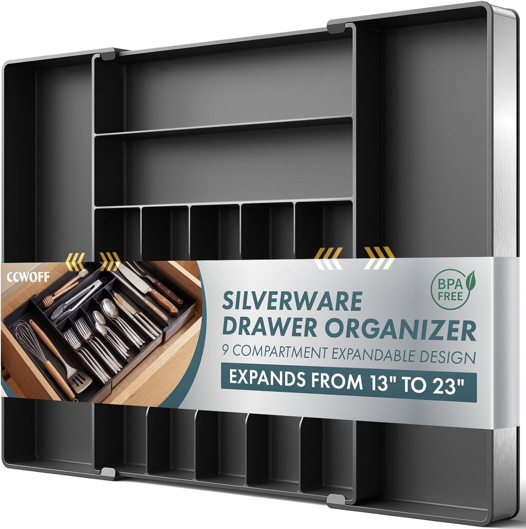 Silverware Drawer Organizer, 9 Slots Expandable Kitchen Drawer Organizer | Extra Large Utensil Holder & Cutlery Tray, Heavy Duty Stainless Steel Frame Flatware Organizer, Non-Slip Feet Included, Black