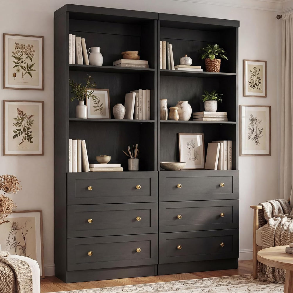 Cyclysio 80" Bookshelf with 3 Drawers and Baseboard Cutout, Set of 2
